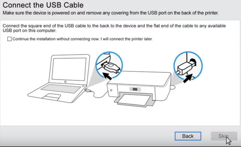 Instructional diagram showing how to connect a 123 HP setup printer to a laptop using a USB cable, with close-ups of the USB port connections.
