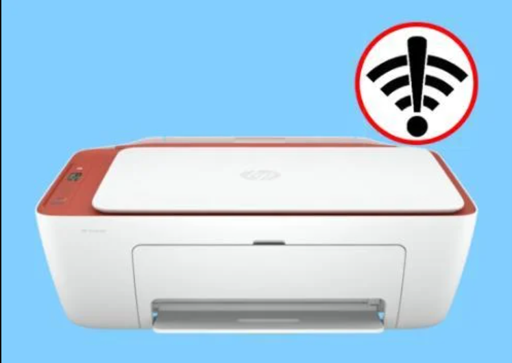 A 123.hp.comp/setup with a red Wi-Fi error icon indicating connectivity issues, displayed against a blue background